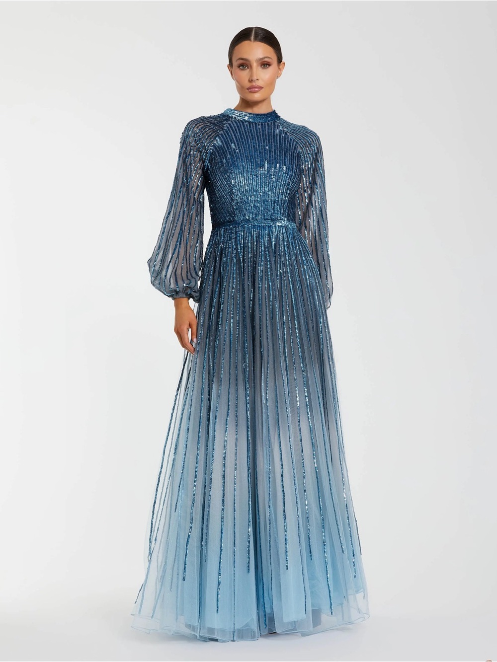Mac Duggal 6206 Blue Ombré Sequin Long Sleeve A-Line Evening Dress sz 6